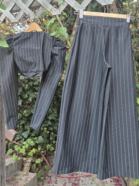 Vintage Black Pinstripe Crop Top & Wide-Leg Pant Set Xxs Xs - Picture 3 of 16